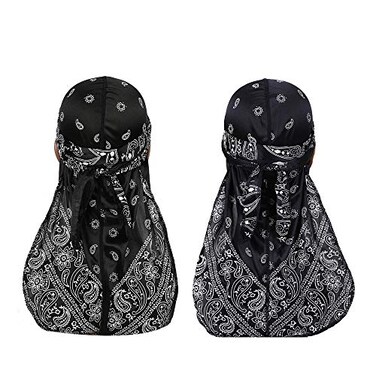 DINPREY Assorted Paisley Bandana Doo rag Cap Headwraps Mens Womens Silk Durag with Long Tail and Wide Straps for 360 Waves BlackNavy Bule