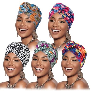 DRESHOW 5 Pack Knotted Headwraps for Women African Turban PreKnotted Beanie Headwraps Hair Covers