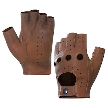 Harssidanzar Mens Fingerless Half Finger Leather Driving Gloves Lambskin Unlined Upgrade GM032USSaddle Size M