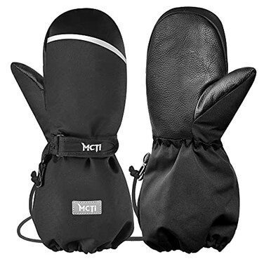 MCTi Kids Mittens Waterproof Winter Ski Warm Sherpa Lined Long Cuff with String Black XXSmallFits 57 Years