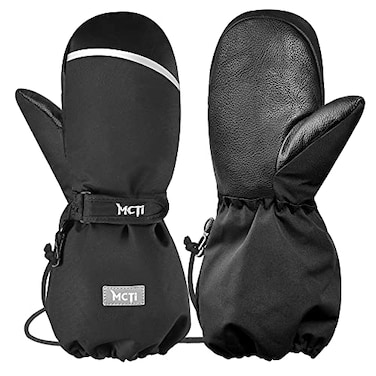 MCTi Kids Mittens Waterproof Winter Ski Warm Sherpa Lined Long Cuff with String Black XXXSmallFits 24 Years