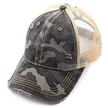 C.C CC Exclusives Hatsandscarf Washed Distressed Cotton Denim Ponytail Hat Adjustable Baseball Cap BT15 Dk GreyCamo