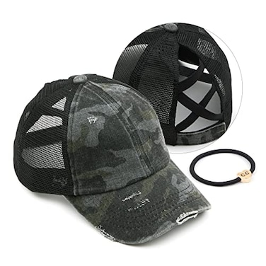 C.C CC Exclusives Washed Distressed Cotton Denim CrissCross Ponytail Hat Baseball Cap Bundle Hair Tie BT780 Camo Black