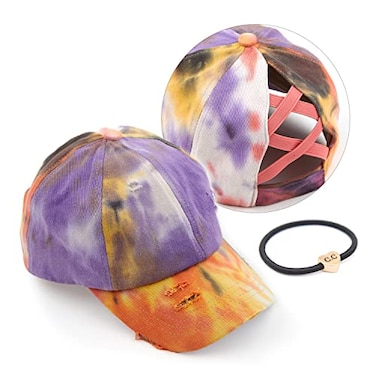 C.C CC Exclusives Washed Distressed Cotton Denim CrissCross Ponytail Hat Baseball Cap Bundle Hair Tie BT780BT791 A Elastic BandCoral Td