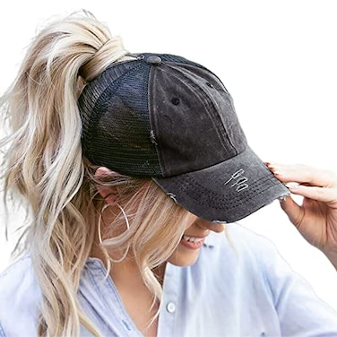 Eohak Distressed Ponytail Hats Baseball for Women MessyBun Pony Caps Black