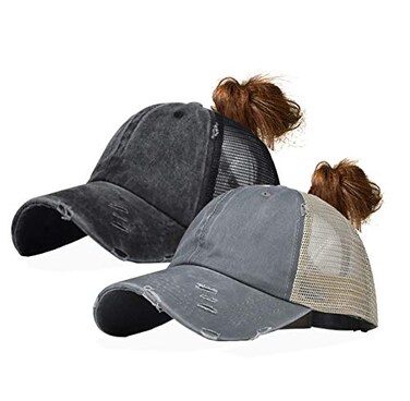 Eohak Distressed Ponytail Hats Baseball for Women MessyBun Pony Caps BlackGrey
