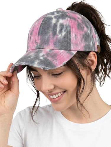 Funky Junque Criss Cross Tie Dye Baseball Cap for Women with Ponytail Slot Adjustable Vintage Hat Tie Dye GreyLight Pink Mix