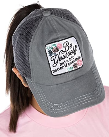 Funky Junque Womens Funny Ponytail Hat for Lake Criss Cross Bands Mesh Trucker Cap for Messy Bun Be Yourself but a Little Bit Better Grey