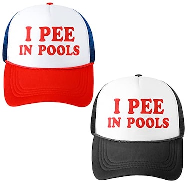 Jiuguva 2 Pieces Funny Trucker Cap I Pee in Pools Hat Dare Gag Gift Joke American Flag Hat Black Red With Navy