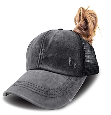 KKMKSHHG Criss Cross Baseball Caps Women Ponytail Mesh Hat Distressed High Messy Bun Trucker Ponycap Black