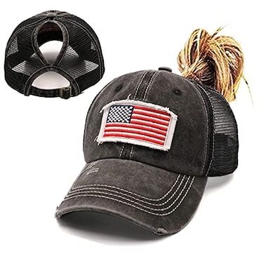ProMindFun Womens Ponytail High Messy Bun Hats Distressed Baseball Caps Unconstructed Washed Dad Hat Girls Trucker Ponycaps