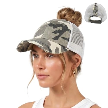 ProMindFun Womens Ponytail High Messy Bun Hats Distressed Baseball Caps Unconstructed Washed Dad Hat Girls Trucker Ponycaps