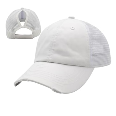 ProMindFun Womens Ponytail High Messy Bun Hats Distressed Baseball Caps Unconstructed Washed Dad Hat Girls Trucker Ponycaps 04Mesh White