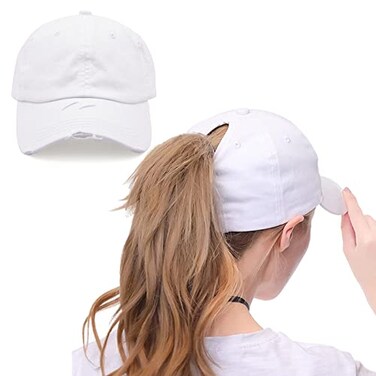 ProMindFun Womens Ponytail High Messy Bun Hats Distressed Baseball Caps Unconstructed Washed Dad Hat Girls Trucker Ponycaps 06White