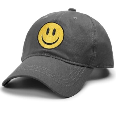 SONMONY Smile Face Trucker Hat Washed Dad Hat for Men Women Cute Baseball Caps Unstructured Smile Embroidered Hat Grey