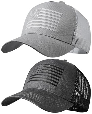 spxkd American Flag Trucker HatUSA Hat for Men Women Snapback Baseball Cap Adjustable Breathable Mesh Side Durable Hats Outdoor US Alpha Small 2 Pcs Light Grey and Dark Grey