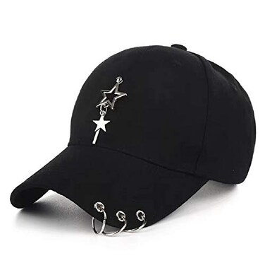 ARAWARA Unisex Black Fitted Kpop Baseball Cap with Ring Chain and Star