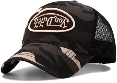 Von Dutch Monogram Trucker Cap Retro Snapback Cap for Men and Women Adjustable Snap Fit Panel Mesh Rear Curved Bill Size One Size Brown Edge Camo