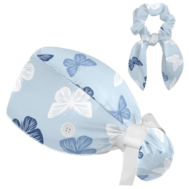 Vcedizo Colored Butterflies Scrub Caps Women Ponytail Adjustable Bouffant Surgical Caps with Button Sweatband Nurse Hat Long Hair
