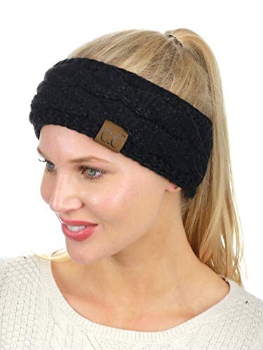 C.C CC Soft Stretch Winter Warm Cable Knit Fuzzy Lined Ear Warmer Headband Black Metallic