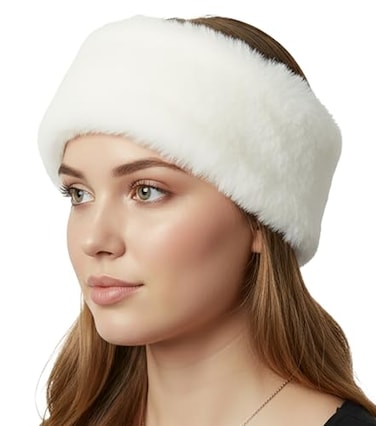 Funky Junque Womens Faux Fur Ear Warmer Headband Soft Winter Ear Muffs for Winter Women with Elastic Fit Ivory Ivory
