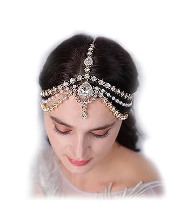 Aimimier Boho Teardrop Crystal Head Chain Layered Faux Pearl Forehead Chain Wedding Headpiece for Women Gold