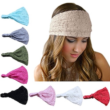 DRESHOW 8 Pieces Women Fashion Lace Elastic Head Wrap Turban Head Band Hair Accessories 8 Pack B One Size