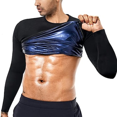 BODYSUNER Sauna Sweat Suits Shirt Waist Trainer for Men Compression Vest Workout Gym Exercise Shirt Long Sleeve BlueXL
