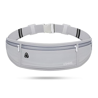 USHAKE Slim Running Belt Workout Fanny Pack for Men WomenExercise Waist Pack for Apple iPhone Holder Runner Belt for Running Walking Cycling Camping Gym Light Grey
