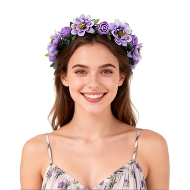 June Bloomy Rose Flower Leave Crown Bridal Halo Headband with Adjustable Ribbon Lavender