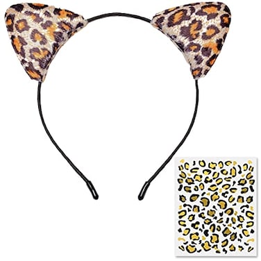 Funcredible Leopard Ears Headband Temporary Tattoos Cheetah Costume Headband Set for Adults Festival Halloween Cosplay Accessories