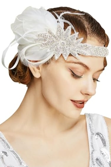 BABEYOND Vintage 1920s Flapper Headband Roaring 20s Great Gatsby Headpiece with Feather 1920s Flapper Gatsby Hair Accessories White