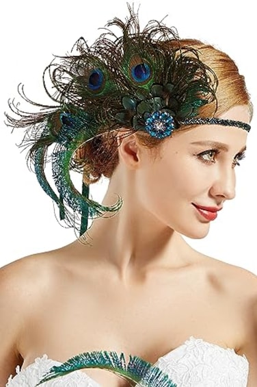 BABEYOND 1920s Flapper Peacock Feather Headband Roaring 20s Beaded Headpiece 1920s Great Gatsby Costume Hair AccessoriesBlue Green
