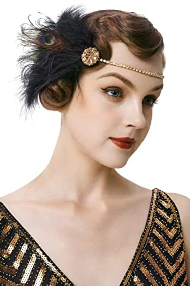 BABEYOND 1920s Flapper Headband Roaring 20s Headpiece Gatsby Ostrich Feather Headpiece with Crystal Gold