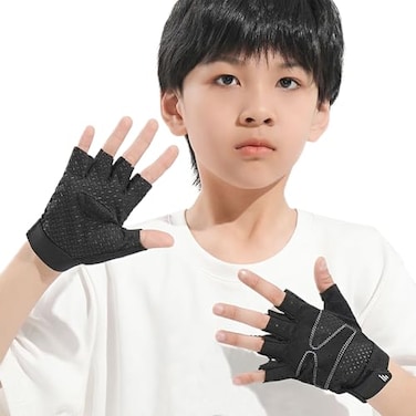 TINAYAUE Kids Cycling Gloves Thin Breathable Non Slip Shockproof Sports Half Finger Gloves for Riding Biking Roller Skating Black Medium
