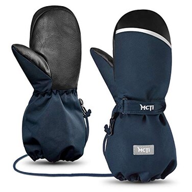 MCTi Kids Mittens Waterproof Winter Ski Warm Sherpa Lined Long Cuff with String Blue XSmallFits 811 Years