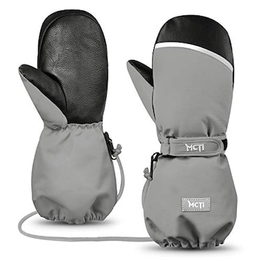 MCTi Kids Mittens Waterproof Winter Ski Warm Sherpa Lined Long Cuff with String Gray XSmallFits 811 Years