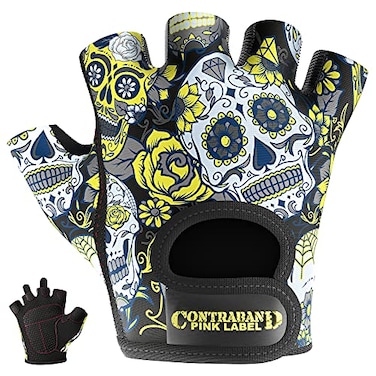 Contraband Pink Label 5237 Womens Designer Workout Gloves Sugar Skull Print wGripLock Padding Yellow Medium