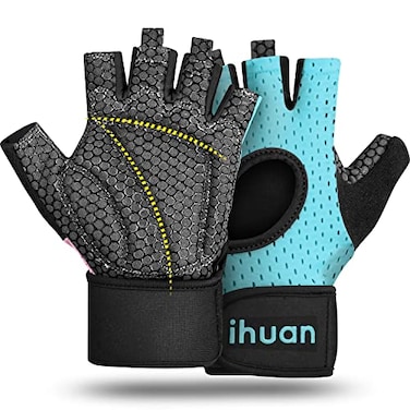 ihuan Breathable Weight Lifting Gloves Fingerless Workout Gym Wrist Support Enhance Palm Protection Extra Grip for Fitness Training Rowing Pullups
