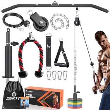 SERTT Cable Pulley System Gym Power Rack Pulley Attachment with 2in1 LAT Pull Down Bar and Upgraded Loading PinUsed for Triceps Pulldown Biceps Back Shoulder
