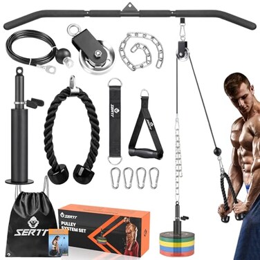 SERTT Cable Pulley System Gym Power Rack Pulley Attachment with 2in1 LAT Pull Down Bar and Upgraded Loading PinUsed for Triceps Pulldown Biceps Back Shoulder