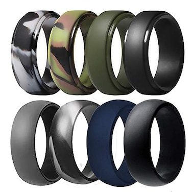 Finrray Silicone Wedding Ring for Men Breathable Rubber Wedding Bands for Crossfit Fishing Hunting8 Pack CamoNavy Blue Olive Green Dark Grey Black Size 9 1895 mm