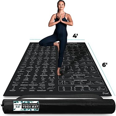 GRAND BASICS ExtraLarge 6 x 4 Instructional Yoga Mat with Poses Printed On It 2X Wider Thicker than Regular Workout Mats 150 Illustrated Yoga Poses and Stretches Wide NonSlip Barefoot Exercise Mat