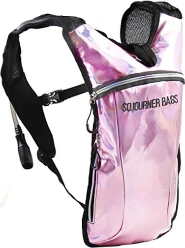 SoJourner Bags SOJOURNER Hydration Pack Backpack 2L Water Bladder Included for Festivals Raves Hiking Biking Climbing Running and More Holographic Pale Pink