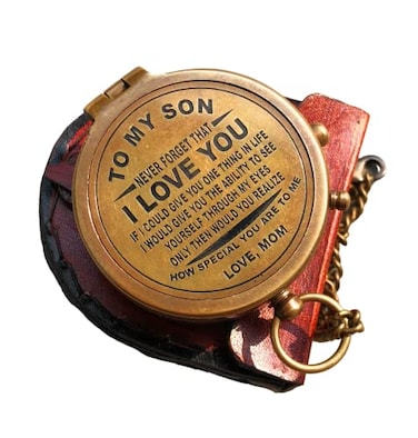 NauticalMart Engraved Brass Compass with Leather Case Nautical Gift for Our Son from Dad and Mom Anniversary Birthday