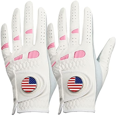 Amy Sport Womens Golf Gloves Left Hand Right with Ball Marker Value 2 Pack All Weather Grip Rain Soft Leather Pink Size Small Medium Large XL 2 PackWorn on Left Hand Small