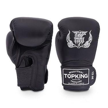 TOP KING Top King Super Air Breathable Leather Gloves Muay Thai Boxing Gloves for Training or Sparring Black 14oz