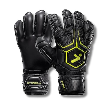 Storelli Gladiator Pro 30 Goalkeeper Gloves Breathable HighImpact Hand Protection with 5 Removable Finger Spines Premium Hand Grip for Soccer Goalies 1 Pair Black Yellow Size 9