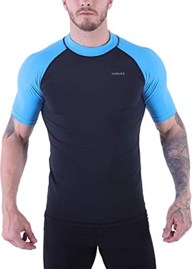 V VICROAD Mens Short Sleeve Rash Guard Swim Shirt Athletic Surfing Tee BlackBlueM