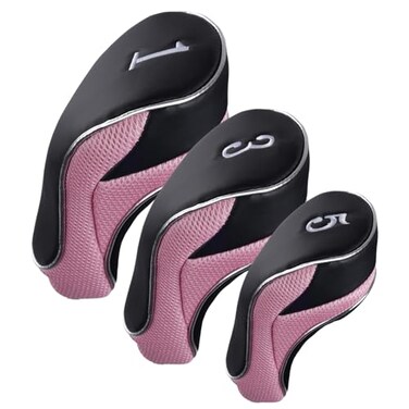 Andux Golf Wood Club Head Covers with Hook Loop Set of 3 BlackPink